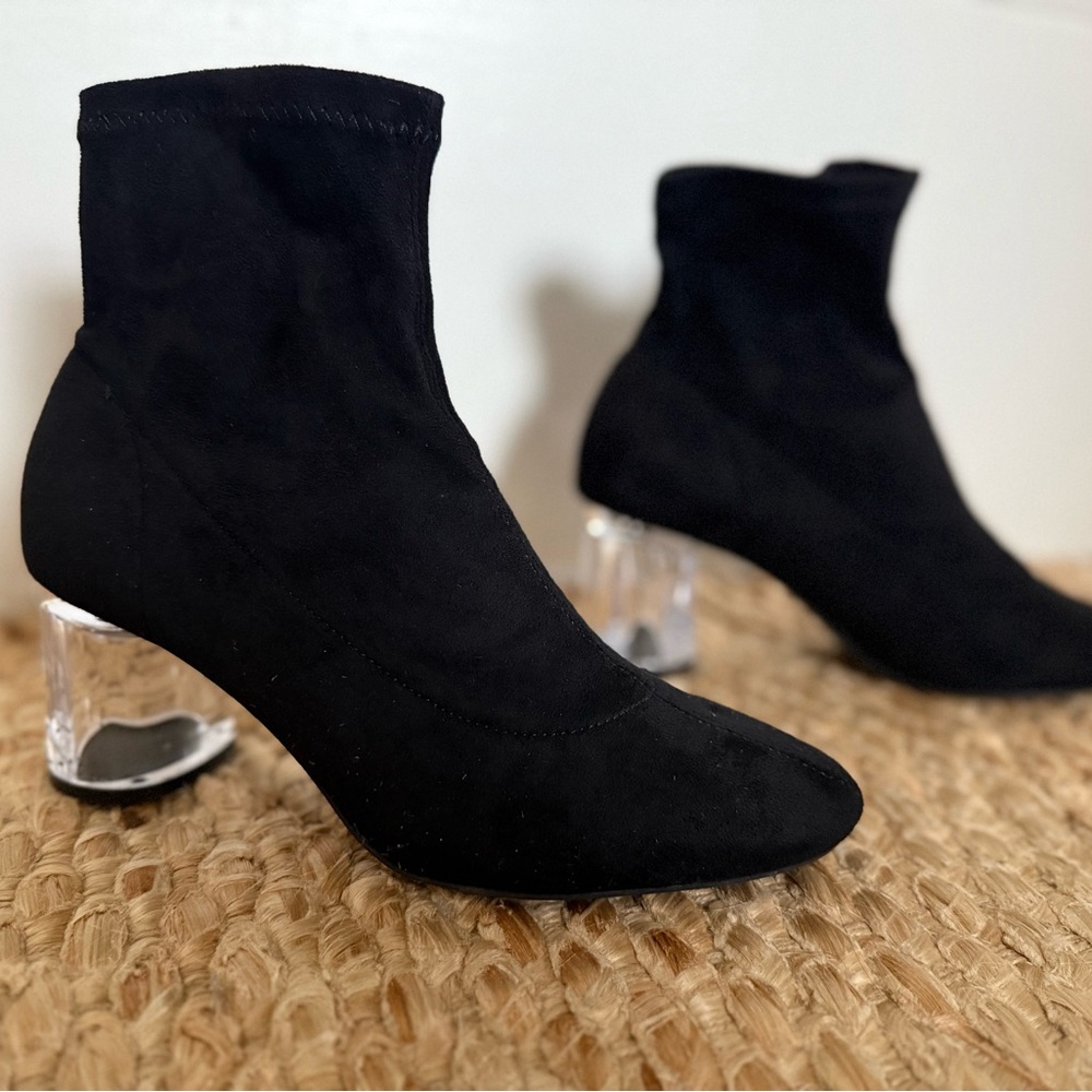 Zara Soft Black Heeled Boots with Clear Acrylic Heels